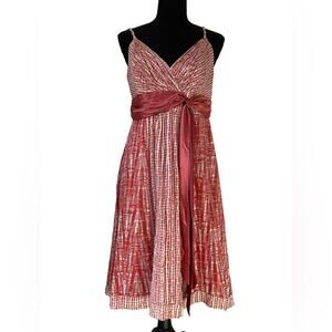BCBG Max Azria Coral and Cream Pleated V-Neck Sundress